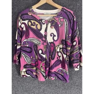 Mercer Street Studio Cardigan Women M Medium Pink Paisley Button Up 3/4 Sleeve
